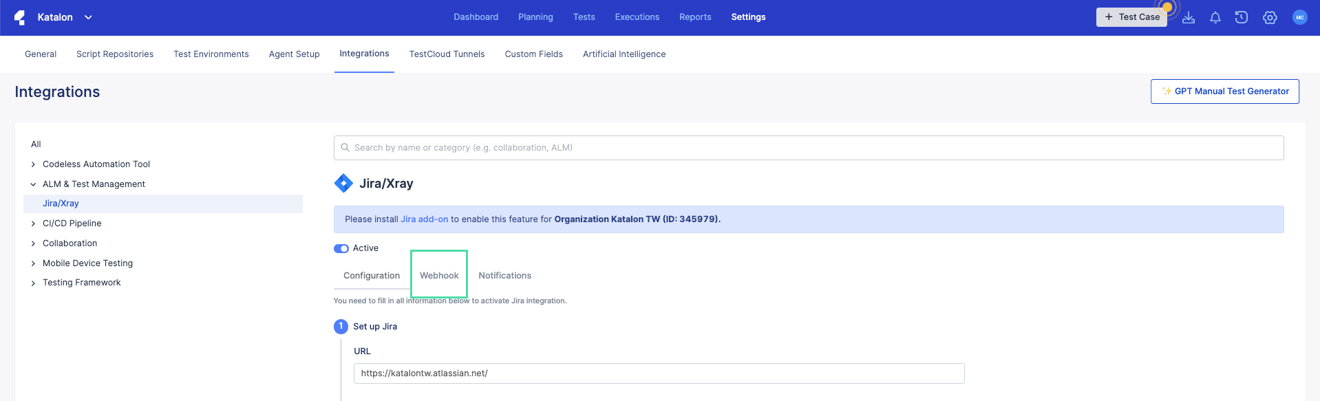 The WebHook tab within the Jira Xray integration settings in Katalon TestOps.