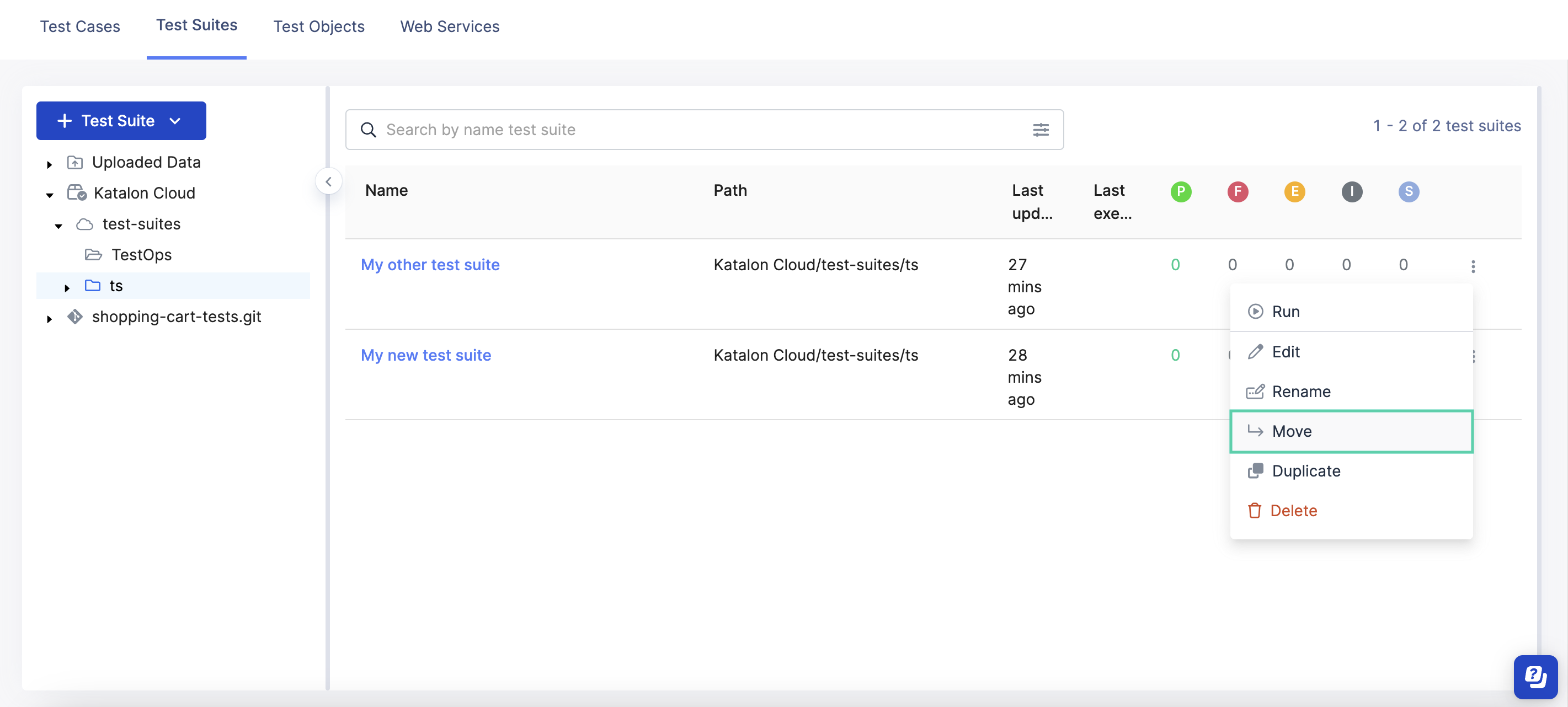 Click Move in the Actions menu to rename your test suite.