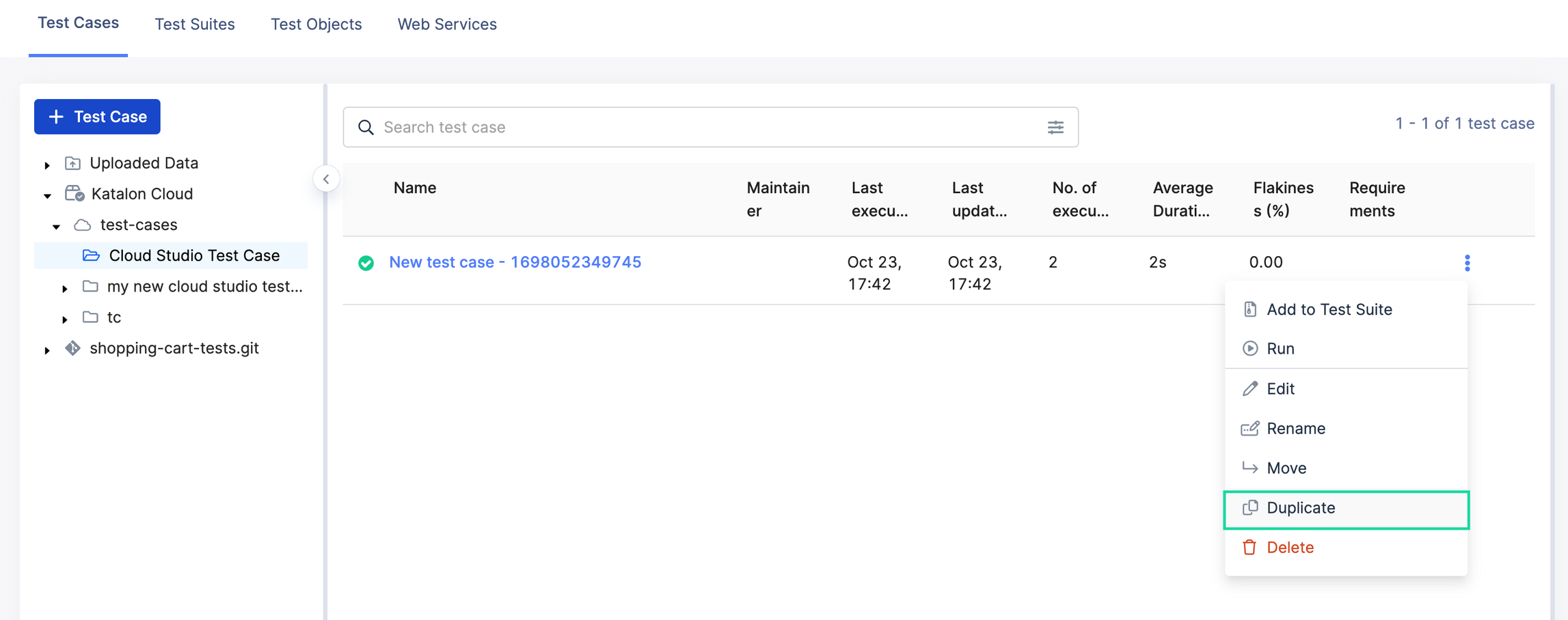 Click Duplicate to duplicate a selected test case.