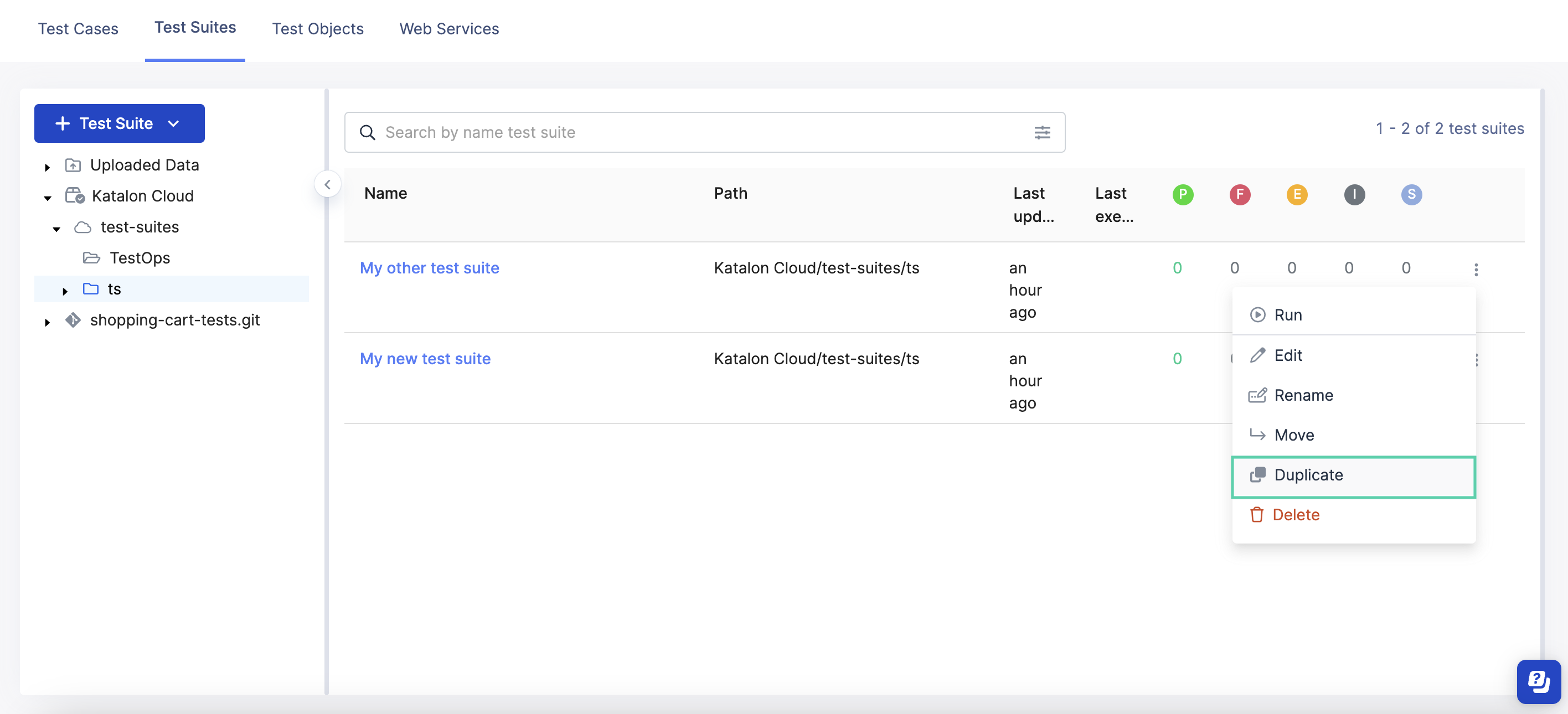Click Duplicate to duplicate a test suite.