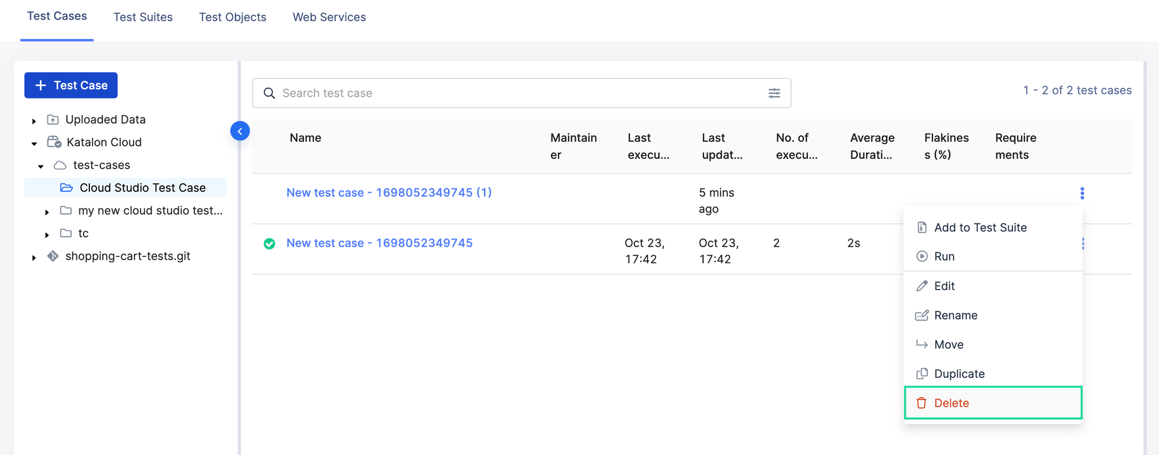 Click Delete to delete a test case.