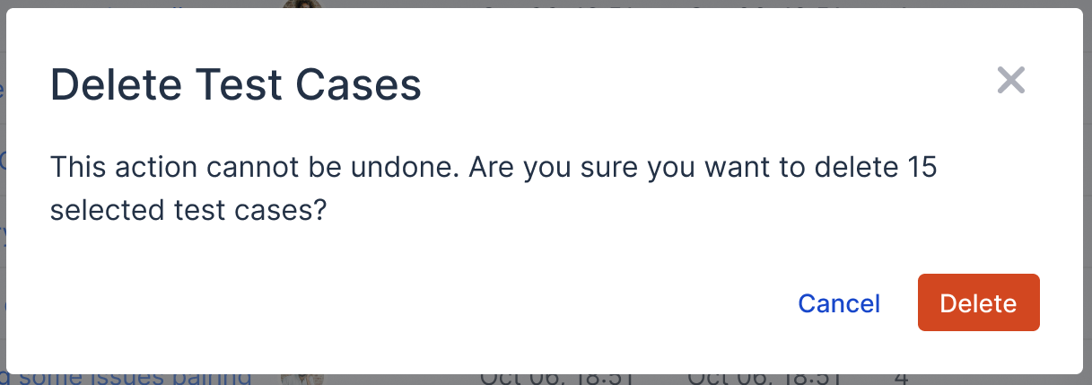 The warning dialog box before deleting test cases in Katalon TestOps.