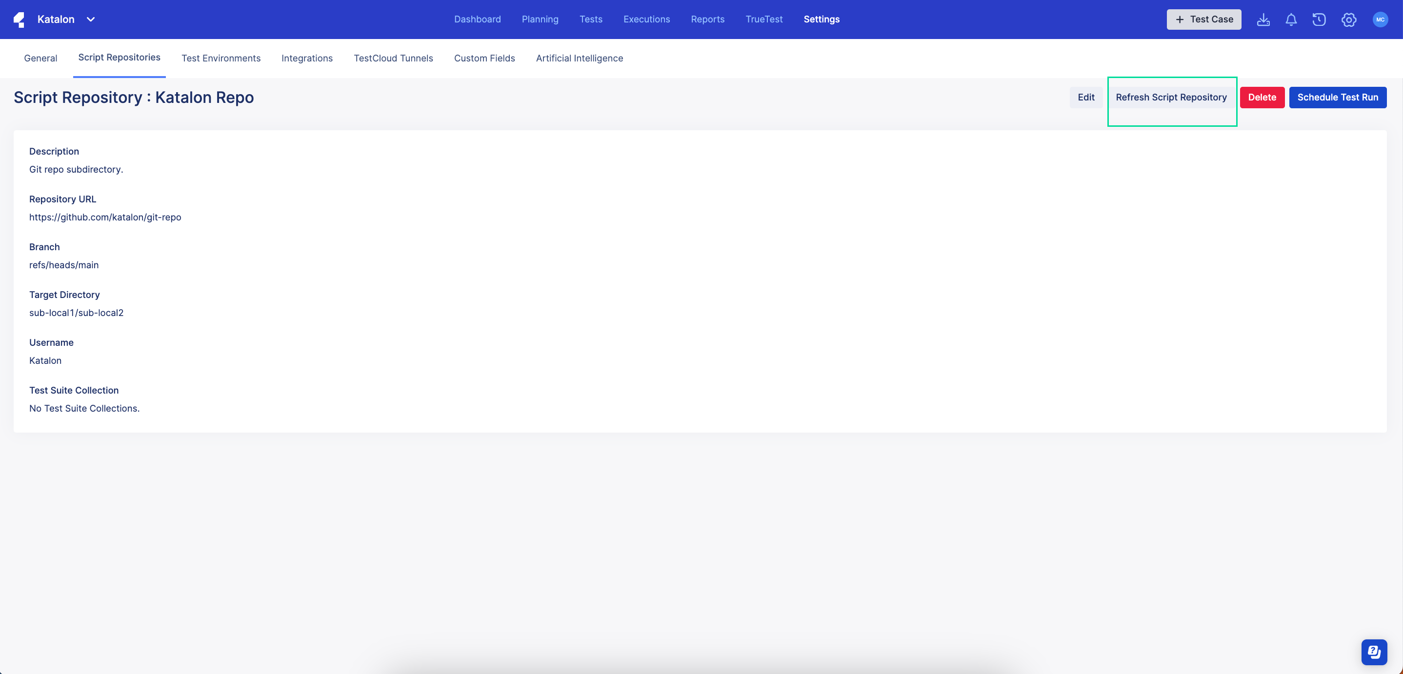 The refresh script repository function within Katalon TestOps.