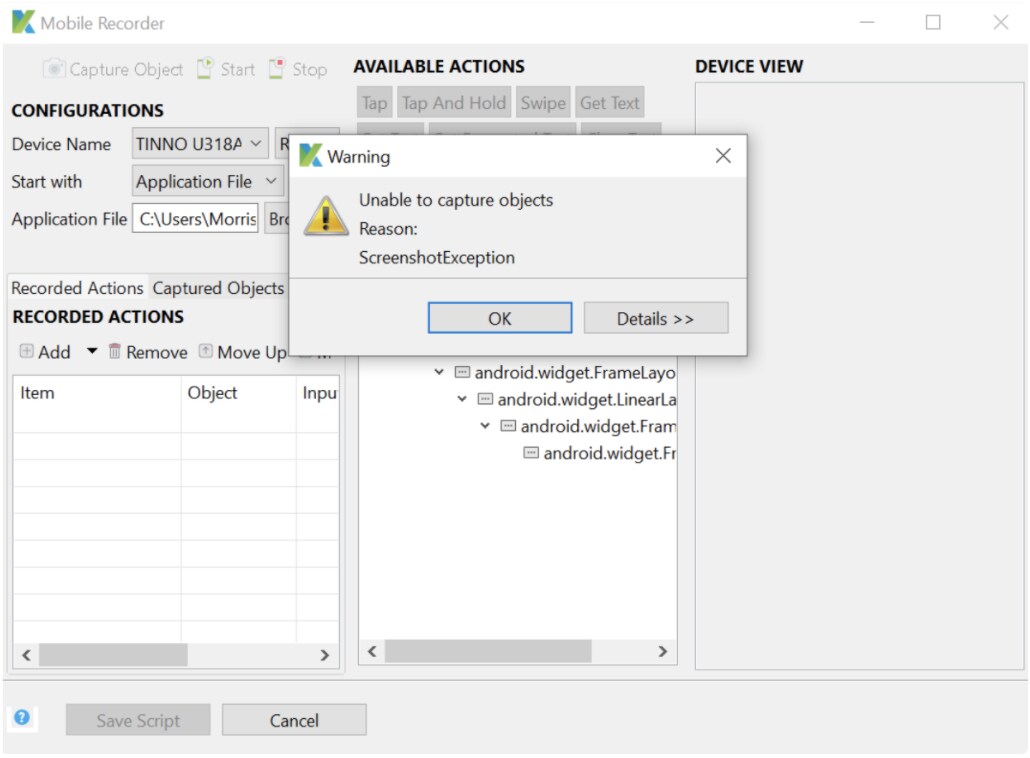 Katalon Studio - error Unable to capture objects
