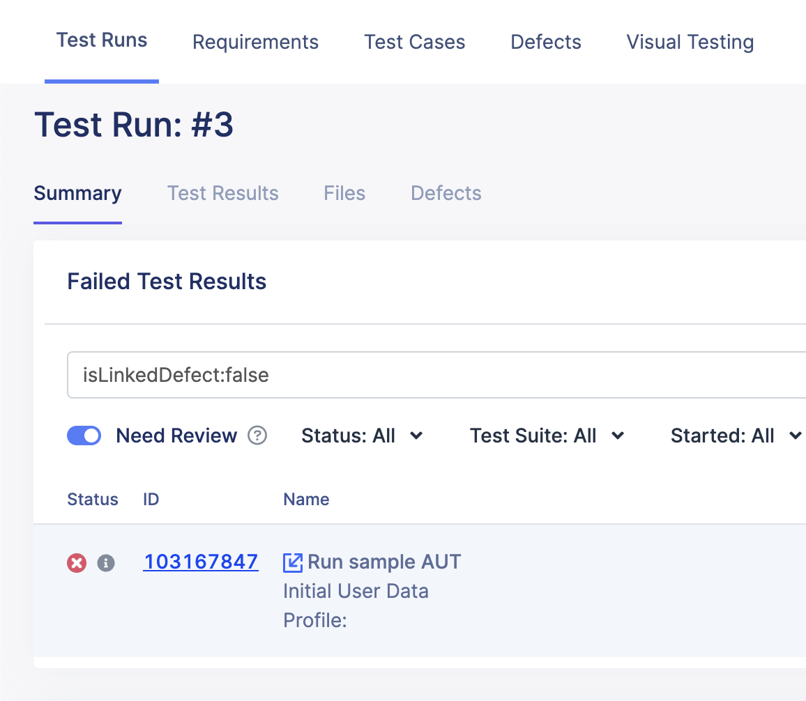 The test run ID in the All Test Runs section.